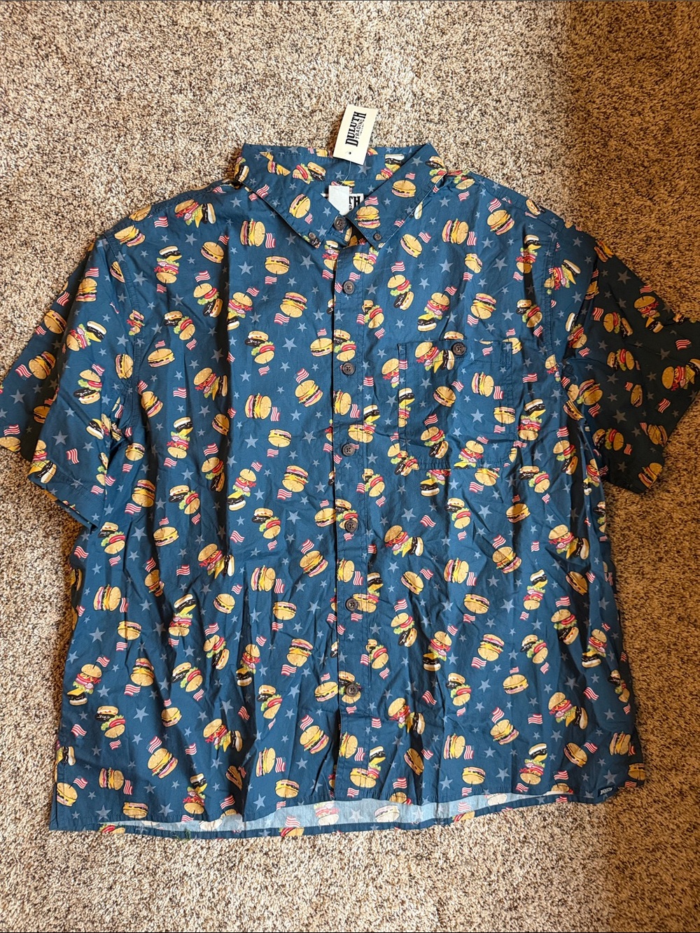 Duluth NWT BBQ Fourth Of July Shirt Blue Hamburger USA Flag AOP Relaxed Fit 2XL